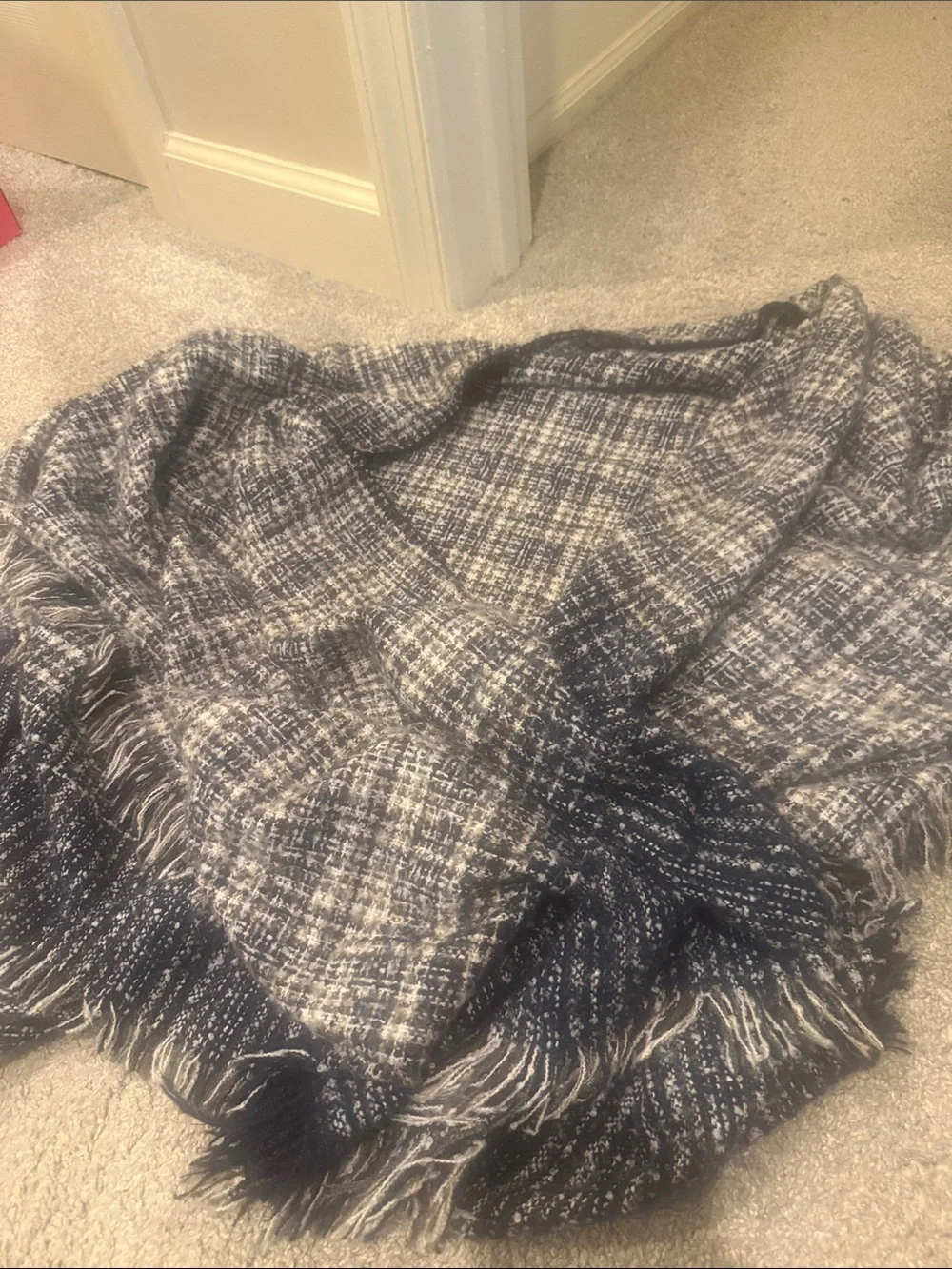 Cozy Navy & White Woven Fringe shawl/wrap.